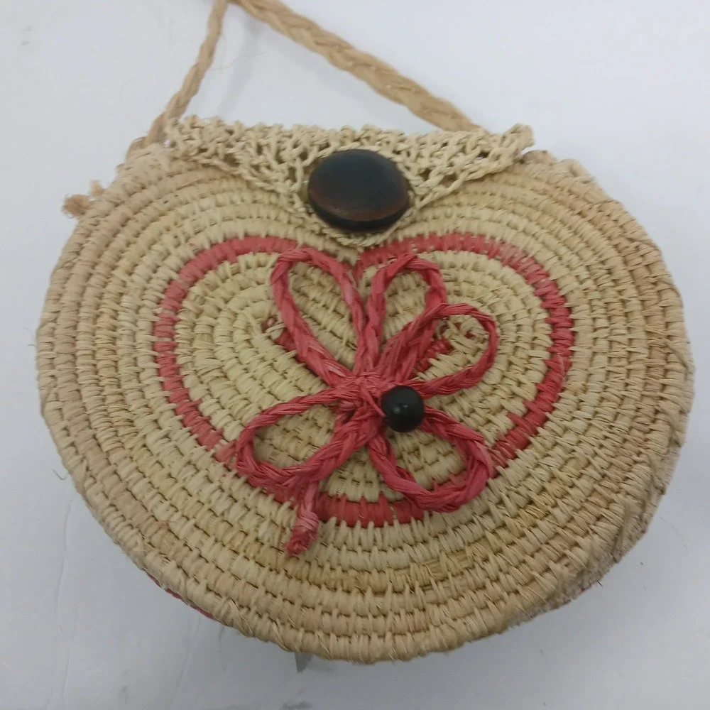 Playful Cottagecore Heart Straw Shoulder Bag Boho Chic Whimsical Summer Natural